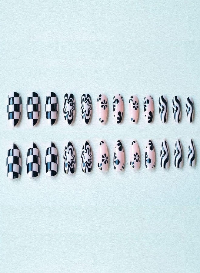 HJKDSFD 24Pcs Cute Press on Nails Short Almond Fake Nails Black and White Checkerboard Stick on Nail Glossy False Nails with Flower Curve Stripes Designs Reusable Acrylic Artificial Nails for Women Girls - Image 5